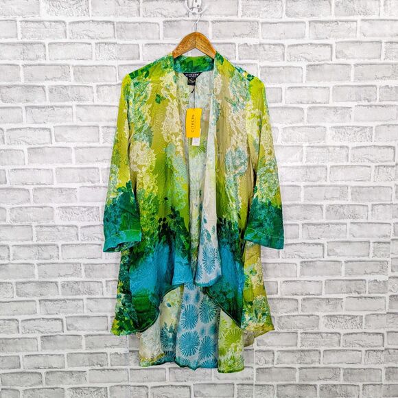 CITRON of Santa Monica 100% Silk long Kimono open blouse Green floral sz Large - Picture 5 of 9